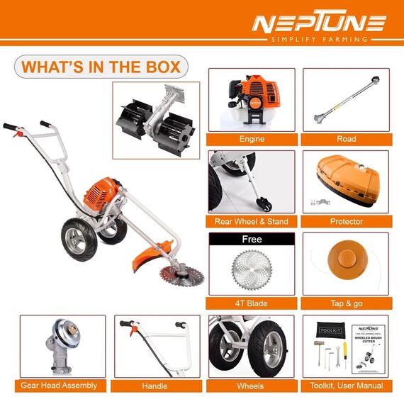 NEPTUNE BC-520W HEAVY DUTY WHEEL TYPE BRUSH CUTTER 2 STROKE WITH FLAT TILLER