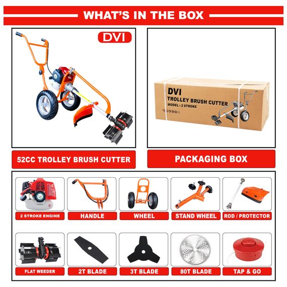 PETROL GRASS CUTTER WITH 2 STROKE 52CC ENGINE WITH FLAT TILLER ATTACHMENT