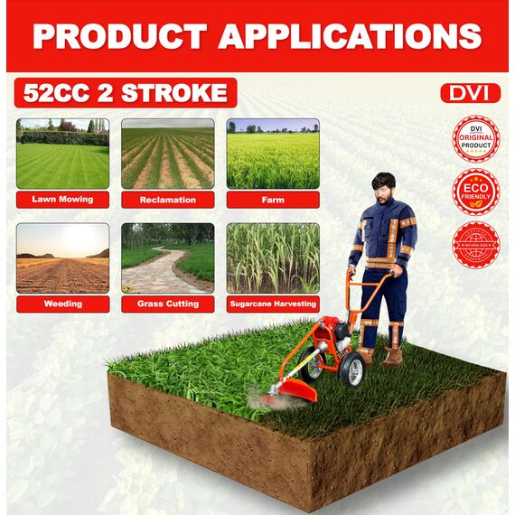 PETROL GRASS CUTTER WITH 2 STROKE 52CC ENGINE WITH FLAT TILLER ATTACHMENT